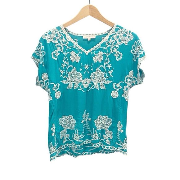 Solitaire Floral Embroidered Festival Boho Chic Turquoise Top Women’s Small - Picture 1 of 11
